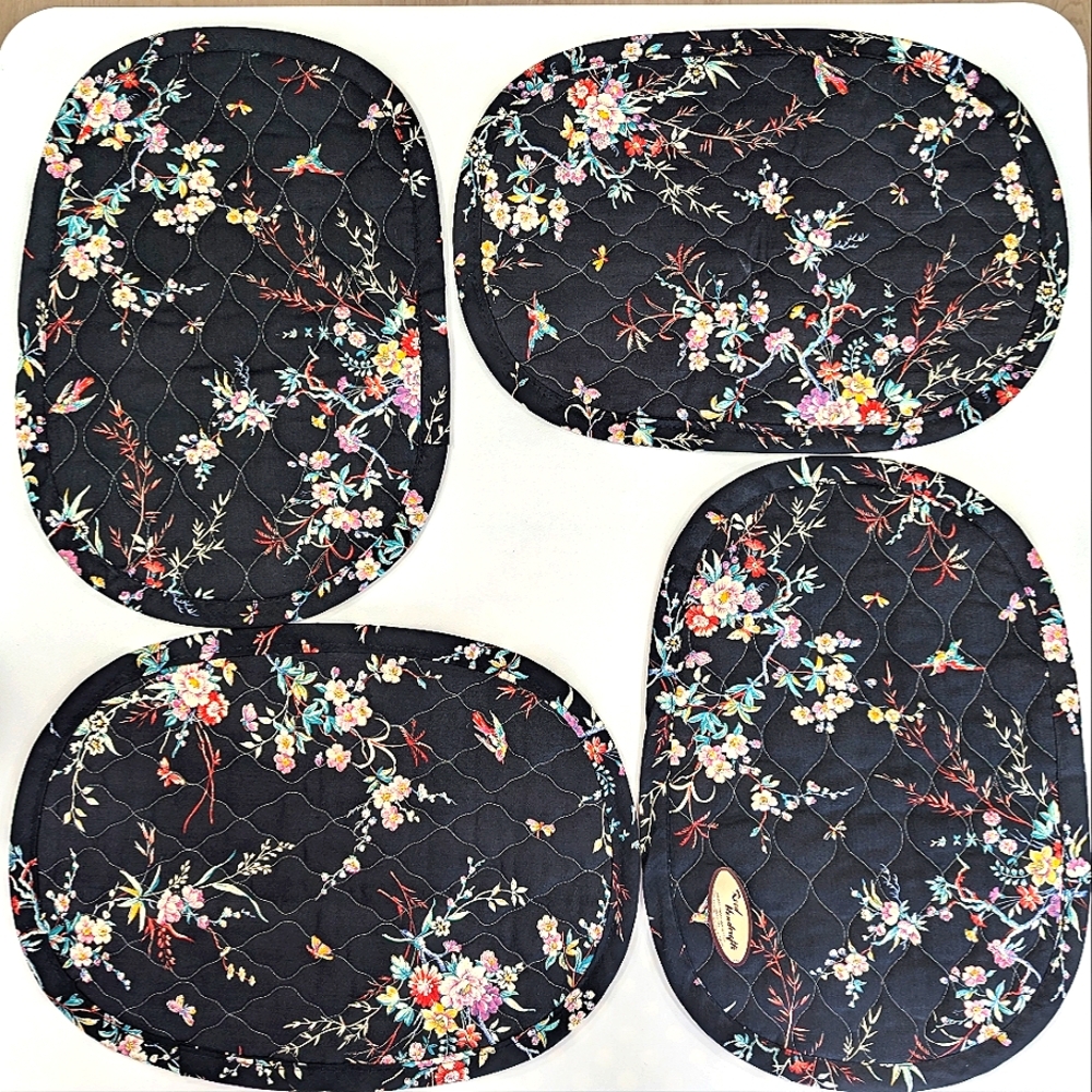 (4) Vintage Quilted Dark Floral Cottagecore Place Mats. Reed Handcrafts